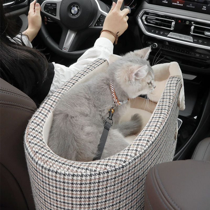 Asiento de coche para mascotas con pajarita y consola Lookout de pata de gallo