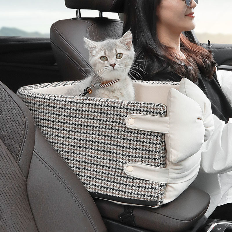 Asiento de coche para mascotas con pajarita y consola Lookout de pata de gallo