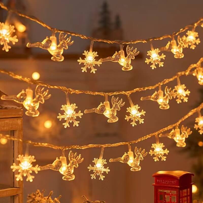 Luces LED Cadena de luces USB con renos y copos de nieve navideños