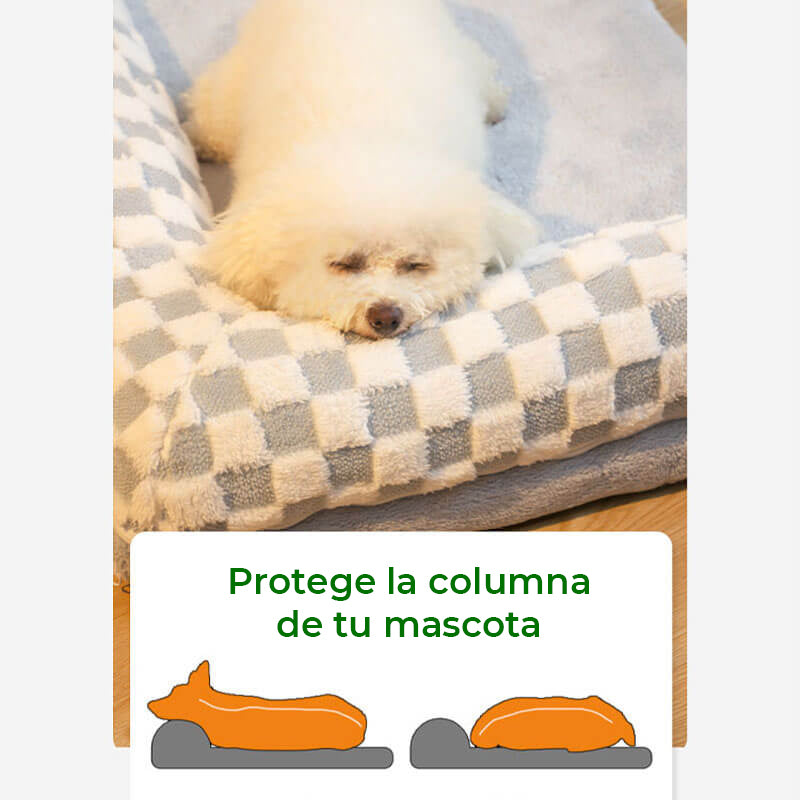 Cama grande con almohada para perros con protector de cuello suave y tablero de ajedrez