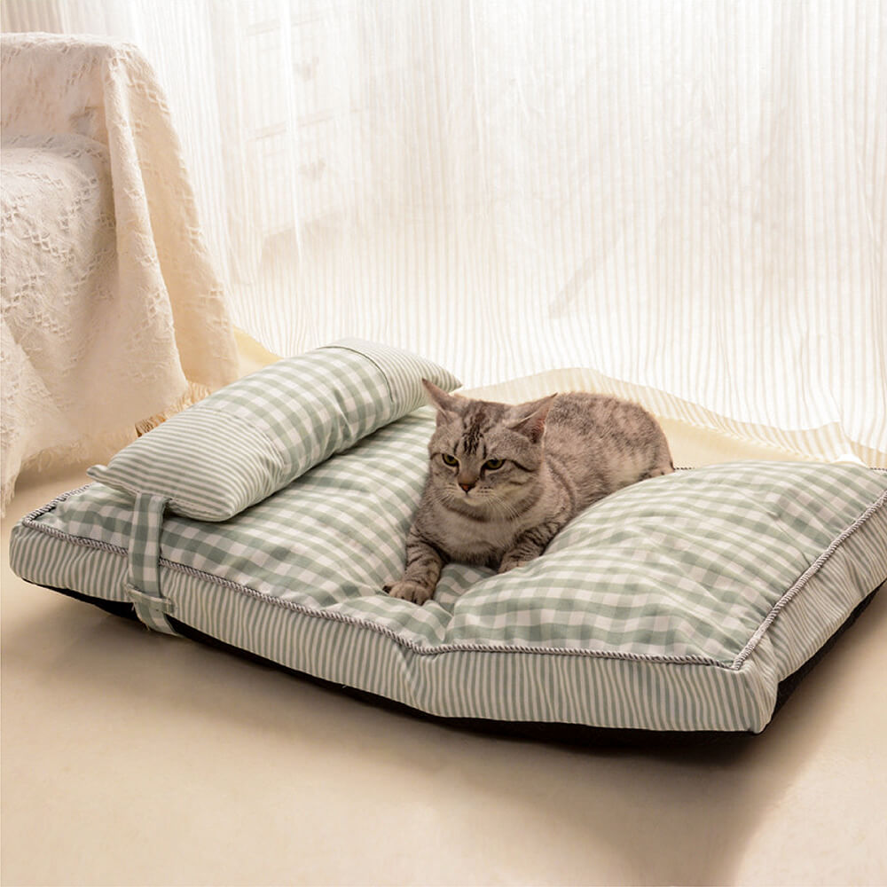 Cama lavable para perros y gatos con estampado de cuadros a la moda con almohada